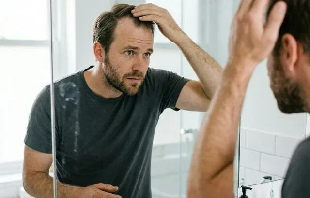 Man examining receding hairline in mirror