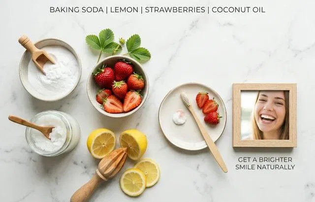 Natural teeth whitening ingredients: baking soda, strawberries, coconut oil