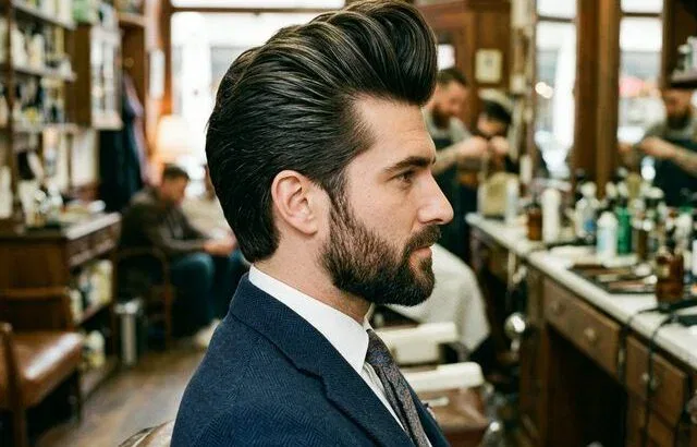 Man with elegant long pompadour in classic barbershop