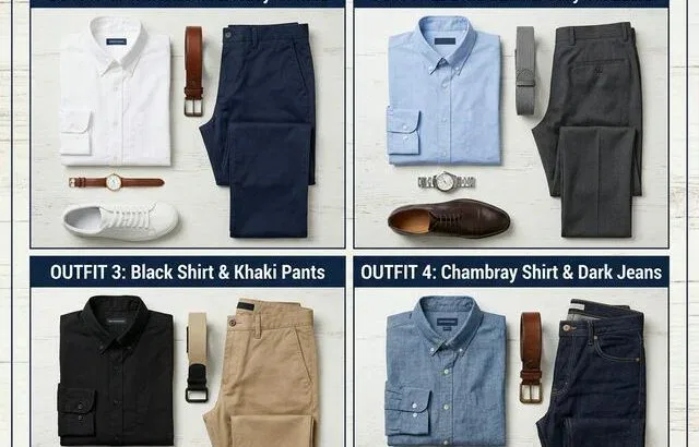 Four men's shirt and pants color combination outfits
