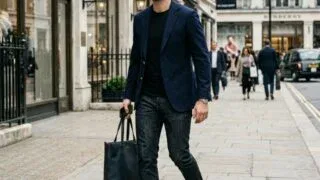 Man in smart casual outfit: blazer, t-shirt, jeans, white sneakers