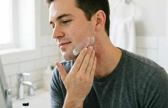 Man applying aftershave balm to prevent stubble rash