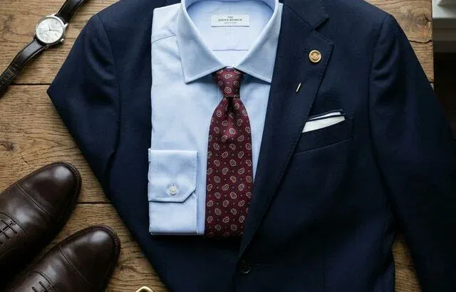 Navy suit with light blue shirt and burgundy tie