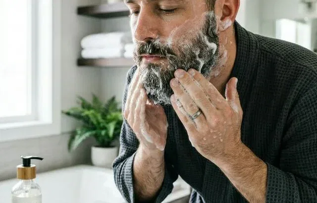Man washing beard with foam in bathroom