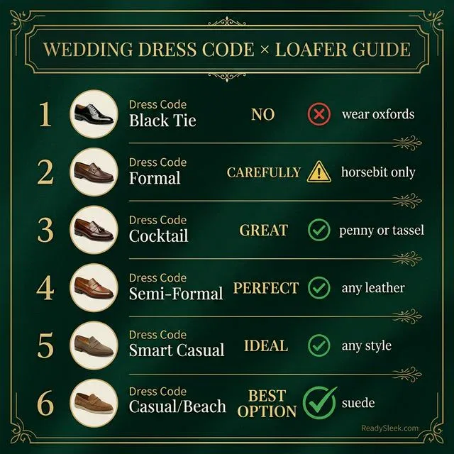 Visual guide showing which loafer types are appropriate for each wedding dress code from Black Tie to Beach Casual