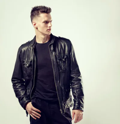 black leather jacket with black t shirt