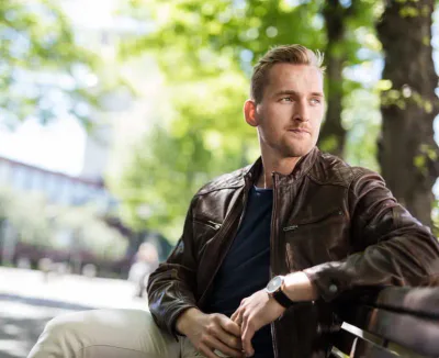 brown leather jacket and t-shirt