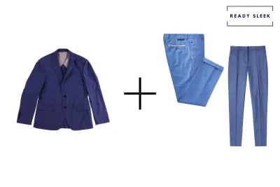 blue blazer + medium blue pants + mens light blue pants