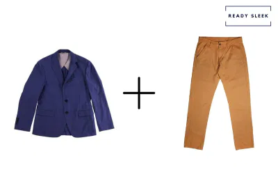 blue blazer + orange pants