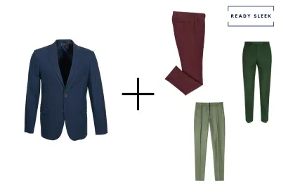 navy suit jacket + maroon pants + light green pants + dark green pants
