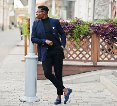 blue blazer with black pants