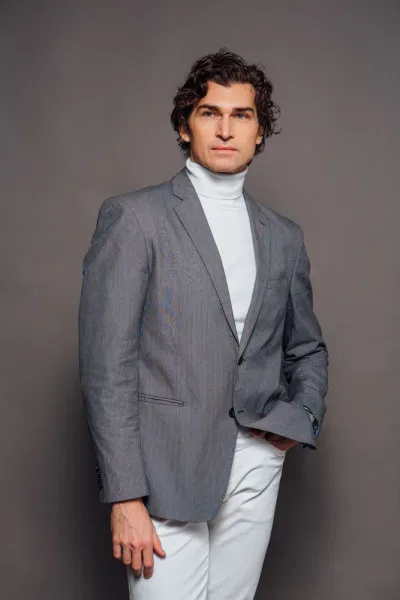 grey dress pants with white turtleneck