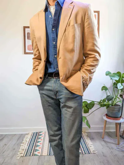 tan blazer denim shirt light blue jeans