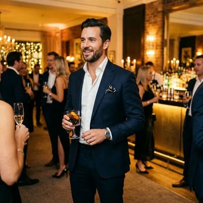Man in dark navy cocktail attire at upscale event