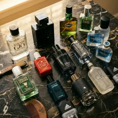 Collection of mens cologne bottles under 50 dollars on dark marble surface