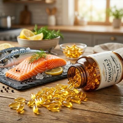 Omega-3 fish oil capsules with fresh salmon