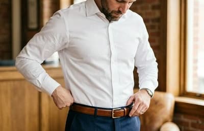 Man demonstrating perfect military shirt tuck