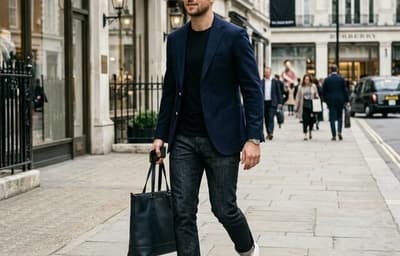 Man in smart casual outfit: blazer, t-shirt, jeans, white sneakers