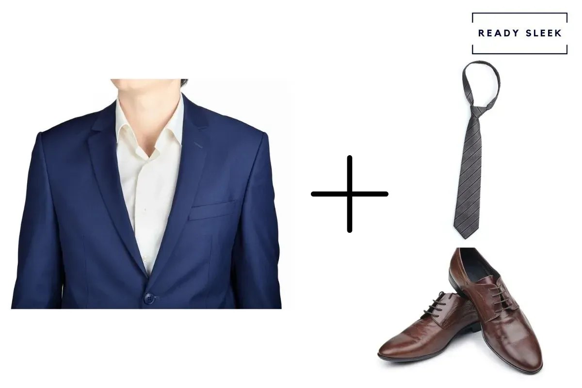 navy blue suit + light brown cap toe Oxford shoes + slate grey tie