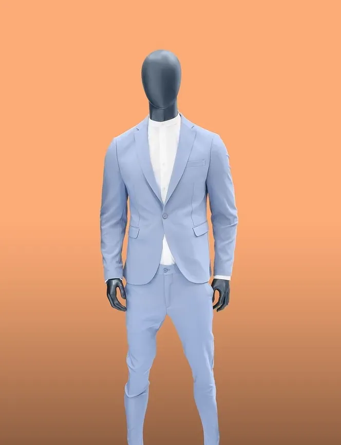 collarless dress shirt with blue suit
