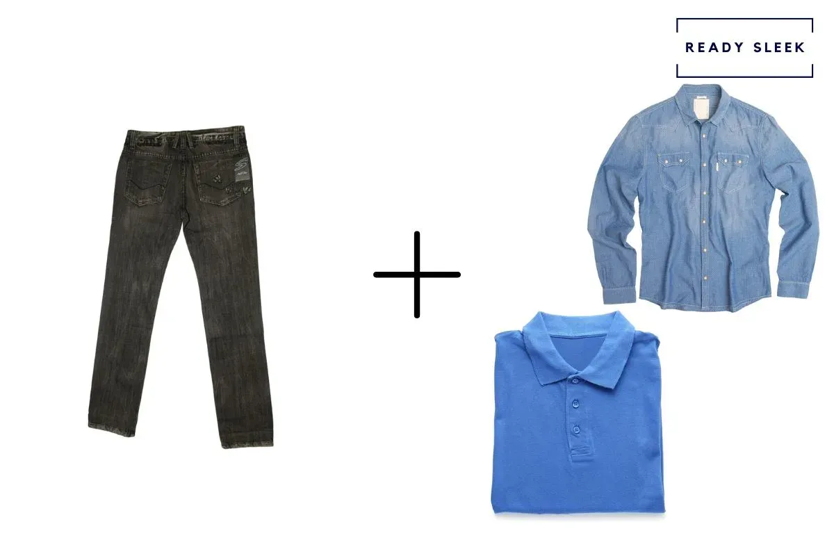 black jeans + blue denim shirt + blue polo shirt