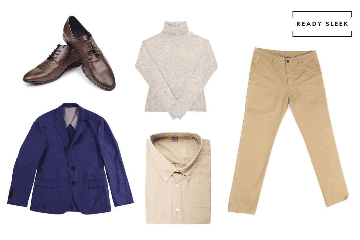 Blue blazer + khaki pants + beige shirt + grey turtleneck + dark brown suede shoes
