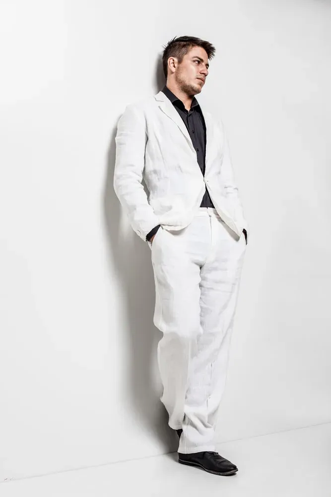 white suit and black shoes