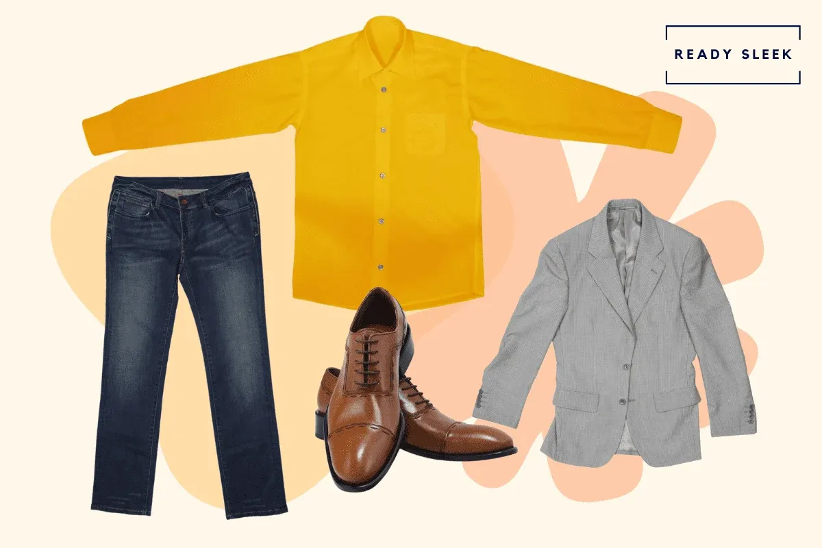 Dark yellow shirt with dark blue jeans, light brown cap toe oxford and casual grey blazer