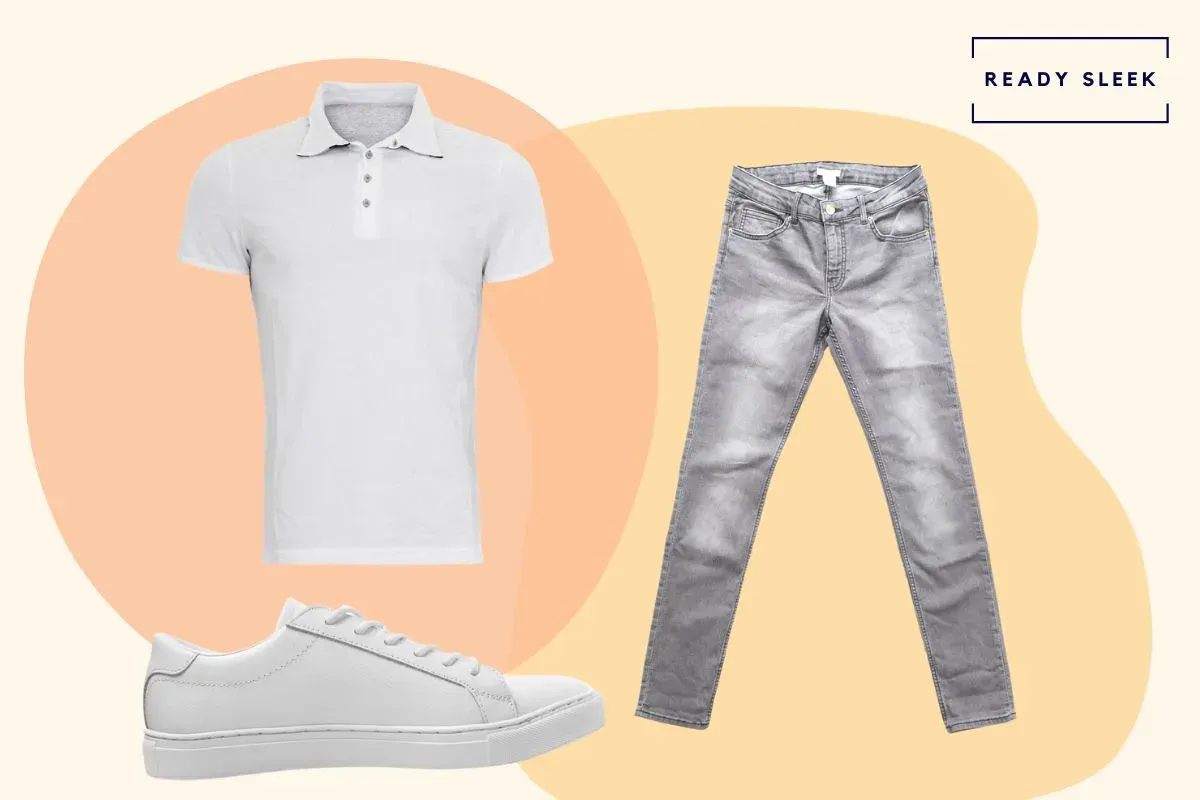 White polo shirt with grey jeans and white sneakers