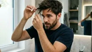 Man applying hair wax for textured messy hairstyle