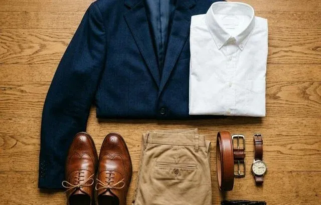 Men's color-coordinated outfit flat lay: navy blazer, white shirt, tan chinos, brown shoes