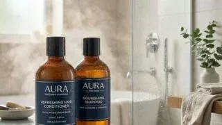Men's hair conditioner bottles in bathroom