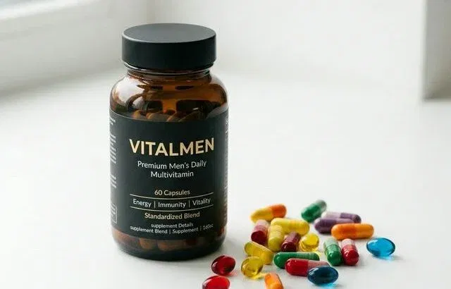 Premium men's multivitamin bottle with capsules