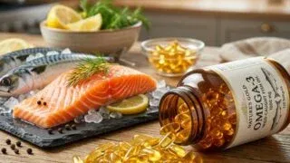 Omega-3 fish oil capsules with fresh salmon