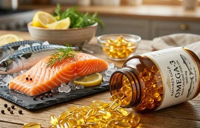 Omega-3 fish oil capsules with fresh salmon