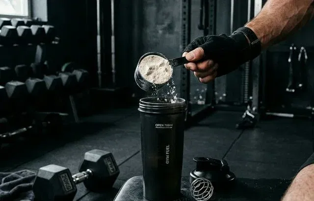 Man scooping protein powder into shaker at gym