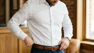 Man demonstrating perfect military shirt tuck