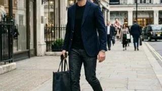 Man in smart casual outfit: blazer, t-shirt, jeans, white sneakers