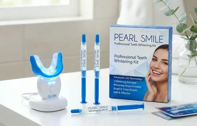 LED teeth whitening kit with gel syringes and whitening strips
