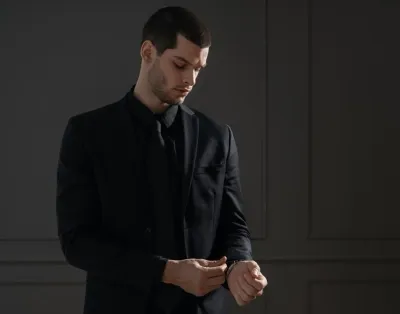 black shirt and suit