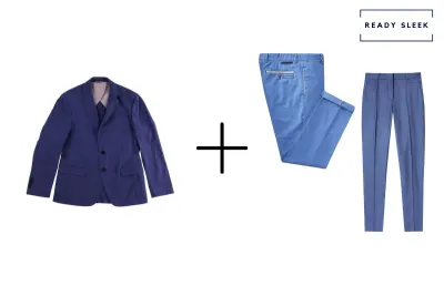 blue blazer + medium blue pants + mens light blue pants