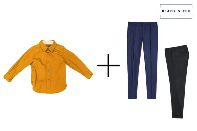 orange shirt + black pants + navy blue pants