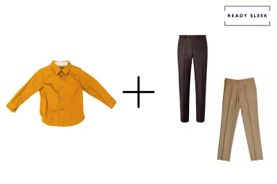 Orange shirt + khaki colored pants + brown pants