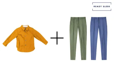 orange shirt + medium blue pants + light green pants