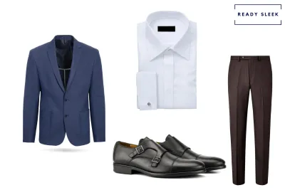 brown pants + white shirt + navy blue blazer + black double monkstrap shoes