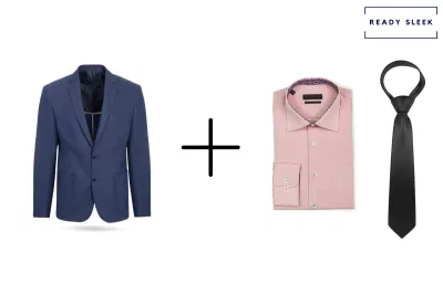 Navy blue blazer + pink shirt + black tie