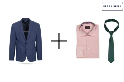 Navy blue blazer + pink shirt + forest green tie