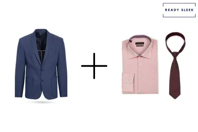 Navy blue blazer + pink shirt + maroon tie