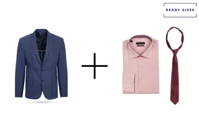 Navy blue blazer + pink shirt + scarlet red tie