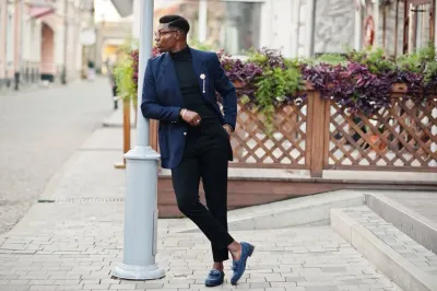 blue blazer with black pants